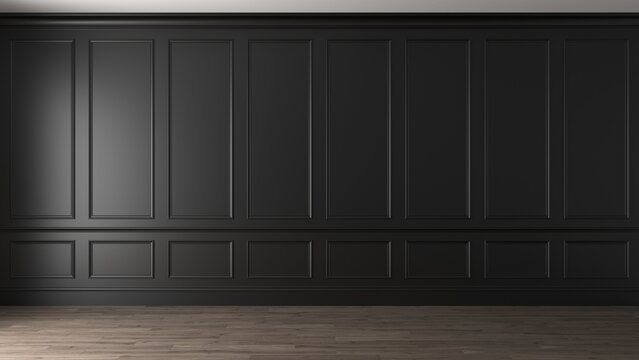 Black empty interior in classic style. The dark wall is decorated with moldings. Background modern rendering of an architectural interior. 3d render illustration mock up.