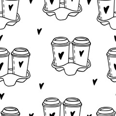Seamless pattern Doodle two cups of coffee