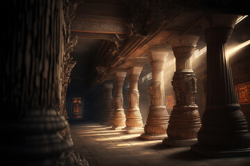 Generative AI : lovely carvings inside the ancient Meenakshi Hindu temple in Madurai, Tamil Nadu, India  