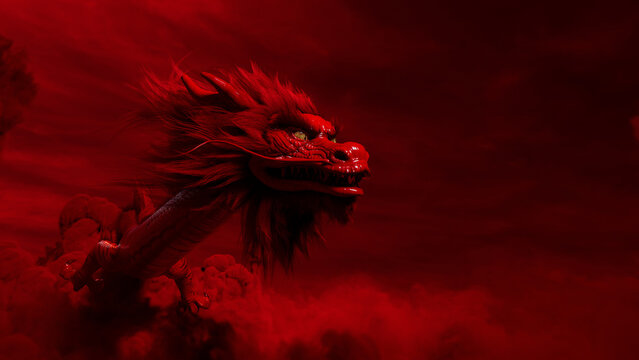 Lunar New Year Concept. Flying Chinese Dragon against a Cloudy Sky. Red design with copy-space.