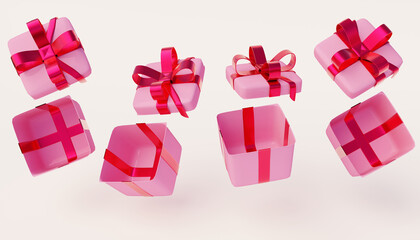 3D illustration of four gift boxes open in different directions. Perfect for Valentine's Day and Mother's Day