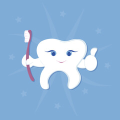 Tooth with toothbrush on blue background.