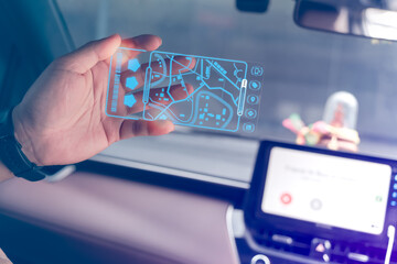 Man using the transparent screen check data digital. High-tech find location map application touch screen display realistic. Transport, delivery, and driving tracking technology.