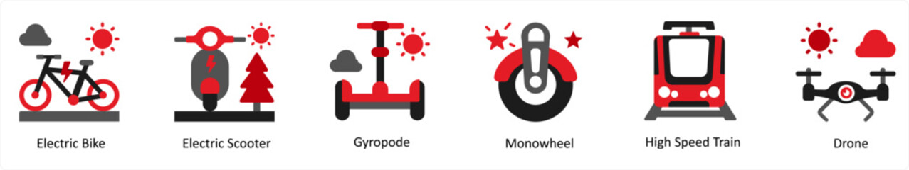 Six Technology Red and Black icons as electric bike, electric scooter, gyropode
