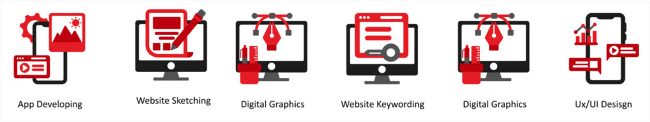 Six Technology Red and Black icons as app developing, website sketching, digital graphics