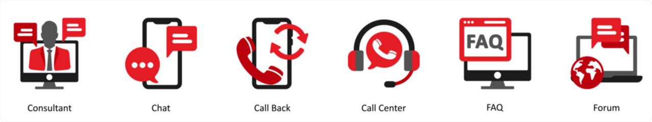 Six Customer Support Red and Black Icons as consultant, chat, call back
