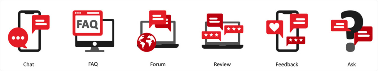 Six Customer Support Red and Black Icons as chat, faq, forum