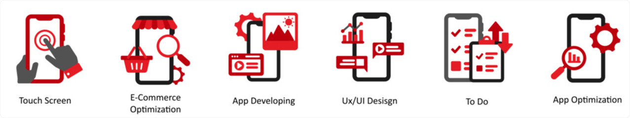 Six Technology Red and Black icons as touch screen, e commerce optimization, app developing