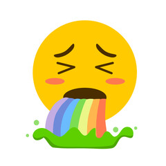 Yellow emoji vomiting cartoon character in flat design on white background.