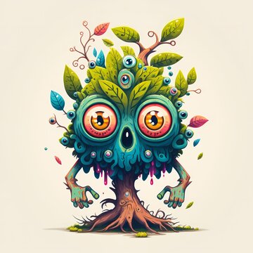 Cartoon Fantasy Tree Forest Monster Standing,Wood Body Painting and Leaf Headed Wood Monster fairy tale character,Very Cool,Can Be Used For Various Kinds Of Printables