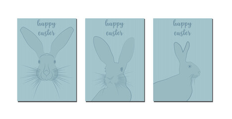 Set of close-up Easter Rabbit greeting cards handdrawn with blue bunny silhouette and whisker on striped  background useful for stickers, tags, background
