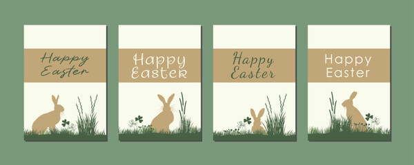 Fototapeta premium Set of Happy Easter banner, tags and stickers with brown easter bunnies in a green wildflower meadow with grass and clover, artistic silhouette, vector template with copy space for eco sales