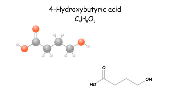 Stylized molecule model/structural formula of 4-Hydroxybutyric acid.
