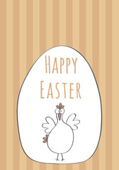 Happy Easter greeting card with funny chicken flaps in front of a big egg, Cartoon Vector template for sustainable chicken and egg farming