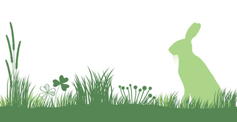 easter rabbit in wildflower meadow, green vector silhouette for ecological maketing and sales, advertising and greeting cards