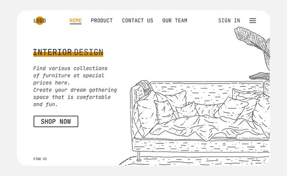 
Landing Page Interior Design. Sketch In Black And White