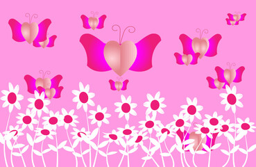 pink background with Heart Butterfly and flowers