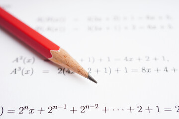 Pencil on mathematic formula exercise test paper in education school. - obrazy, fototapety, plakaty