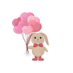 A hare with balloons. Cute smiling rabbit with balloons in the form of hearts. Cartoon bunny wishes happy Valentine s Day. Vector illustration isolated on a white background
