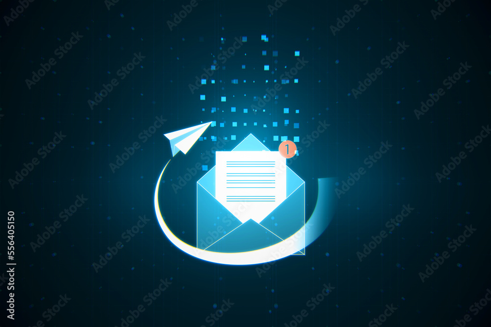 Poster glowing mail notification on dark background. newsletter, social media and communication concept. 3d