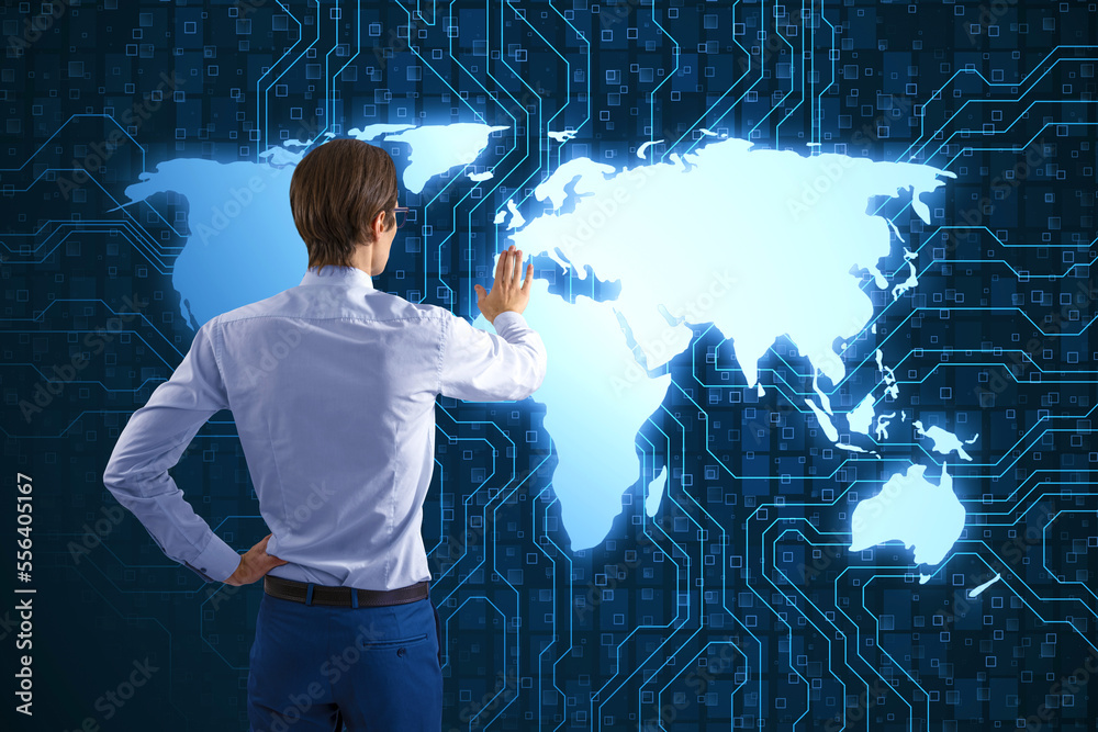 Aufkleber Back view of businessman using creative digital futuristic circuit map hologram on blue background. Digital communication innovation, hacking and technology concepts.