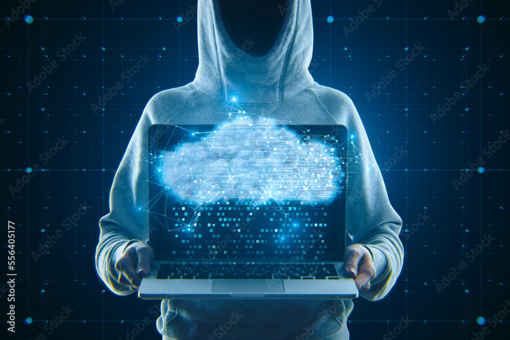 Leinwandbilder hacker holding laptop with digital glowing polygonal cloud mesh on blurry blue background. storage t