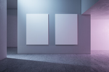Modern concrete gallery interior with blank mock up posters on wall and shadows. 3D Rendering.