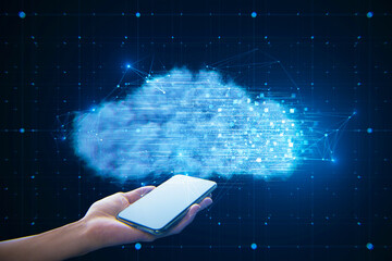 Close up of female hand holding cellphone with digital glowing polygonal cloud mesh on blurry blue background. Storage technology concepts transfer data to cloud computing platforms.