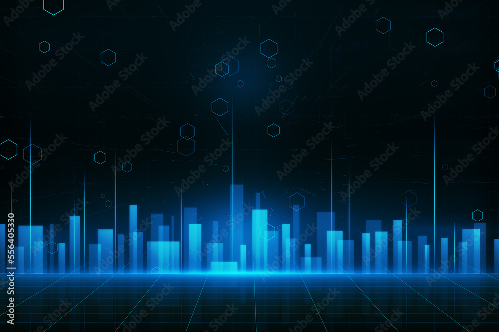 Poster creative glowing digital city background. future and technology, landing page concept. 3d rendering.