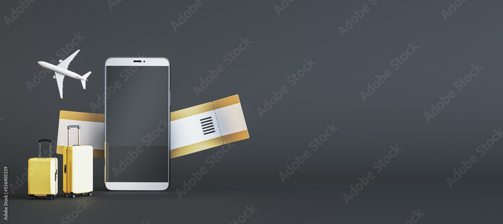 Poster creative online tour booking concept. empty mock up smartphone screen with abstract suitcases, airpl