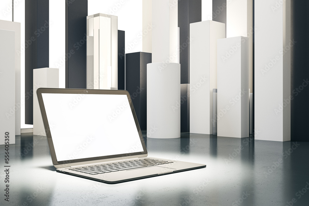 Aufkleber Close up of laptop in spotlight and with empty white mock up screen, placed on abstract geometric background. Product and device presentation concept. 3D Rendering.