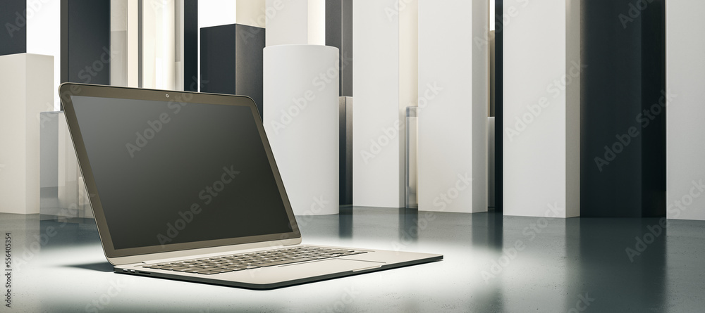 Aufkleber Close up of laptop computer in spotlight and with empty mock up screen, placed on abstract geometric background. Product and device presentation concept. 3D Rendering.