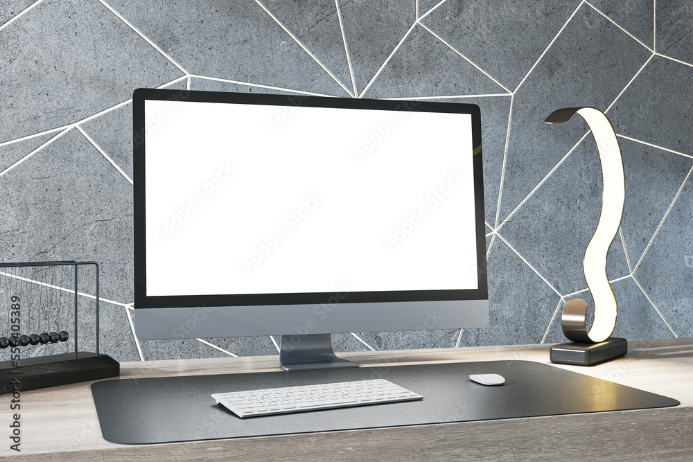 Aufkleber Close up of luxury designer desk top with empty white computer monitor, various items and light concrete wall. Mock up, 3D Rendering.
