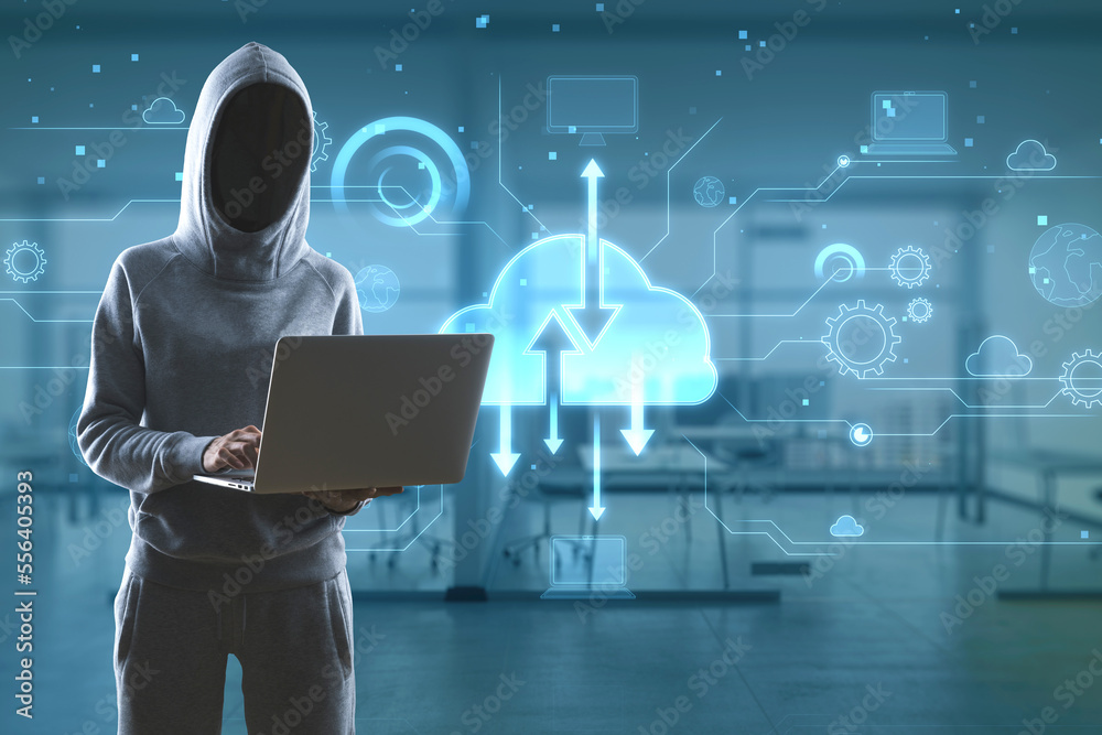 Aufkleber Hacker with laptop using digital cloud computing hologram on blurry office interior background. Cloud data, server, service and hosting concept. Double exposure.