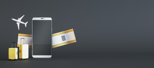 Creative online tour booking concept. Empty mock up smartphone screen with abstract suitcases, airplanes and tickets on wide black background. 3D Rendering.