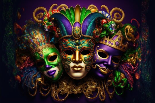  a group of colorful masks with a purple background and a purple background with a green mask and a purple mask. generative ai