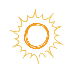 Doodle sun sketch illustration. Hand drawn cute orange sunshine. Scribble doodle children drawn style. Vector illustration