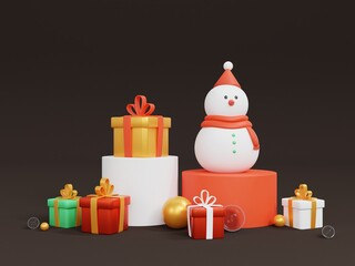 3d Merry Christmas banner. Snowman standing on Christmas background with gift boxes, Winter holidays and celebrations concept, Christmas and Happy new year - 3D rendering