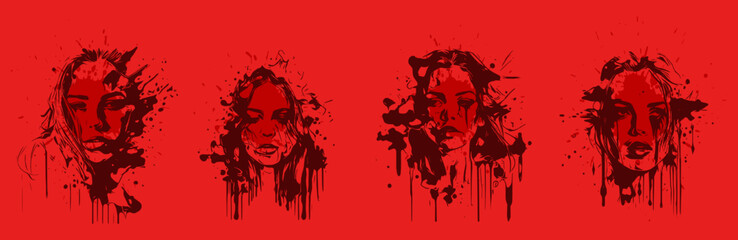 Horror Sketch gothic girl  and dripp watercolor. Isolated in red blood, vector illustration. 