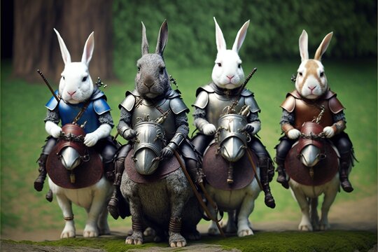  a group of rabbits dressed in armor riding on horses and horses with a rabbit on the back of the horses. Generative AI
