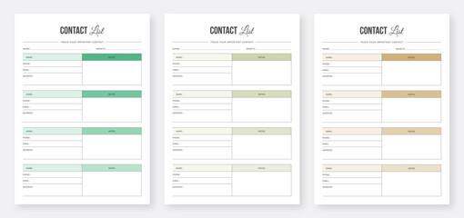 Contact list planner template design. Address book planner. Printable planner template design. Modern Planner Template Set. Minimalist planner pages templates. Set of vector. Eps10 vector. 