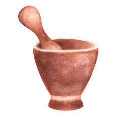 Empty terracotta clay mortar and pestle. Herbalist clipart. Kitchen utensils. Hand-drawn watercolor illustration