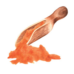 A pile of turmeric powder and a wooden scoop. Kitchen cooking clipart. Spices. Hand-drawn watercolor illustration