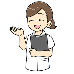 資料を持ち、紹介説明する女性の看護師のイラスト
