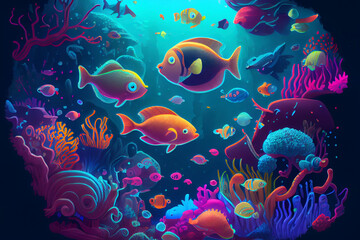 Obraz na płótnie Canvas Beautiful underwater world with corals and tropical fish, ai illustration
