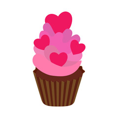Vector image of a cupcake, muffin with pink cream and hearts close-up on a white background. Graphic design.