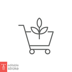 Bio, eco shop icon. Simple outline style. Plant seeds seedling trolley cart shopping, green leaf, nature concept. Thin line vector illustration isolated on white background. Editable stroke EPS 10.