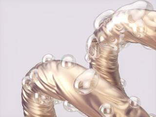 Abstract geometric swirling line shape with water drops. 3d rendering.