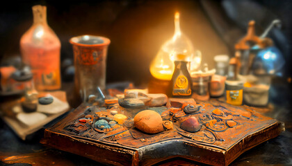 Naklejka na ściany i meble Alchemist worktable. Wizard laboratory with scientific flasks and scrolls, ai illustration