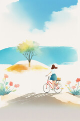 Obraz na płótnie Canvas A woman rides a bicycle to the beach, Generative Ai